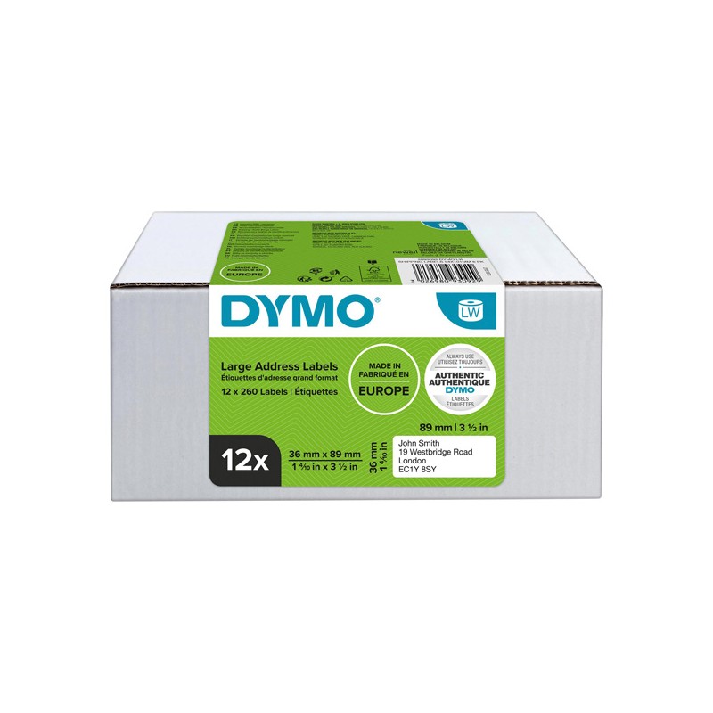 Dymo papírové štítky 89mm x 36mm, bílé, velké, 12 x 260 ks, 2093093