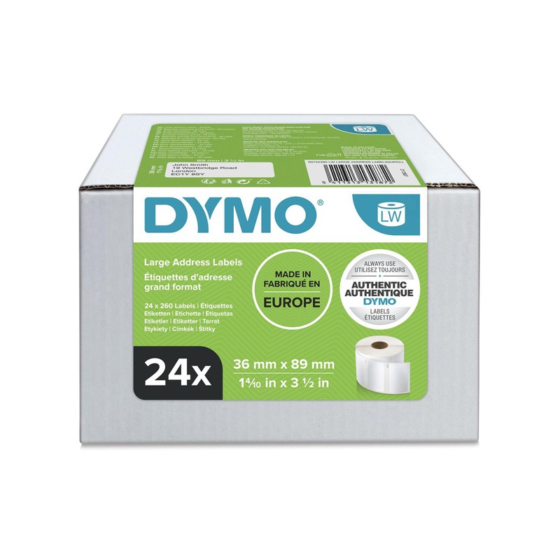 Dymo papírové štítky 89mm x 36mm, bílé, velké, 24 x 260 ks, S0722390, 24 rolí v balení, cena za balení