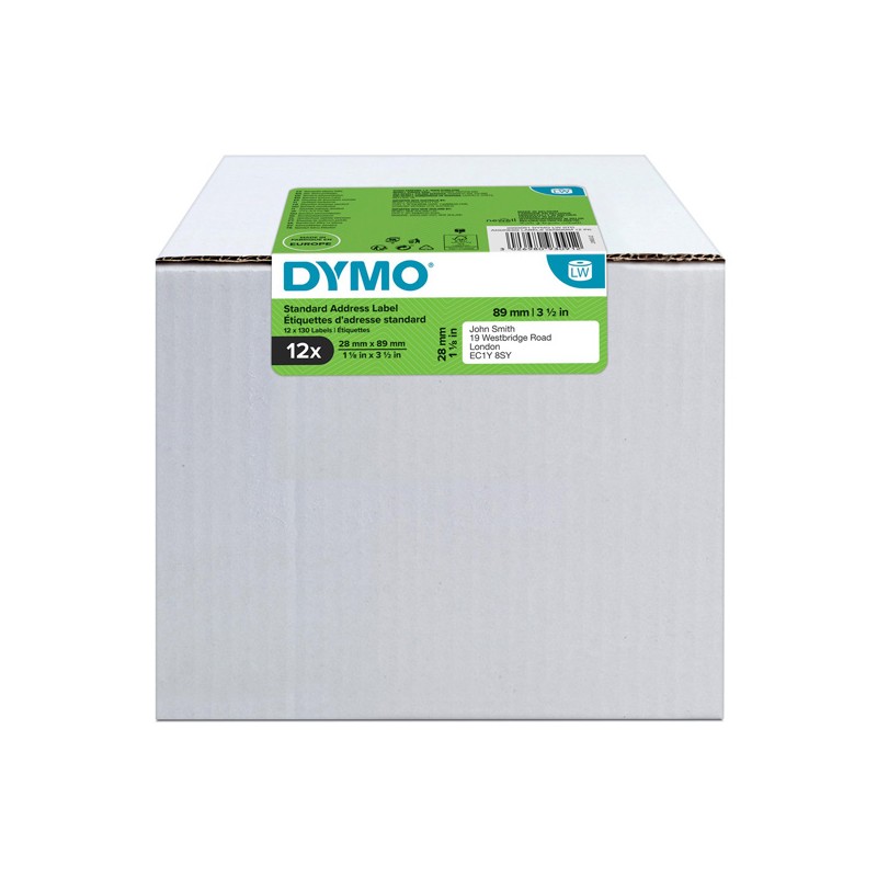 Dymo papírové štítky 89mm x 28mm, bílé, adresní, 12 x 130 ks, 2093091, 12 rolí v balení, cena za balení