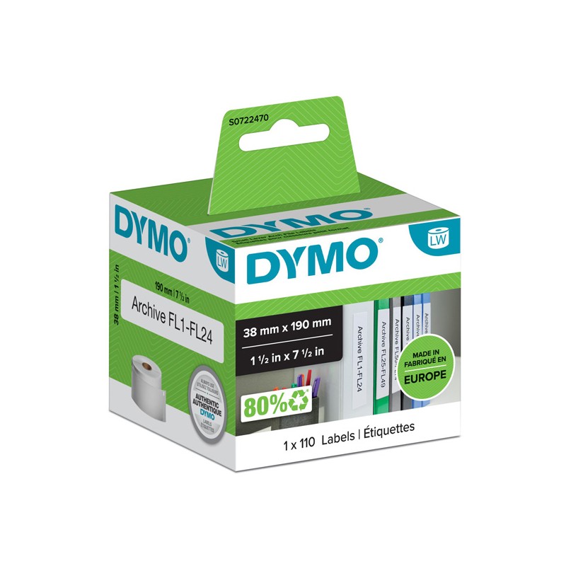 Dymo papírové štítky 190mm x 38mm, bílé, na úzké pořadače, 110 ks, 99018, S0722470