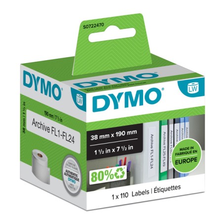 Dymo papírové štítky 190mm x 38mm, bílé, na úzké pořadače, 110 ks, 99018, S0722470
