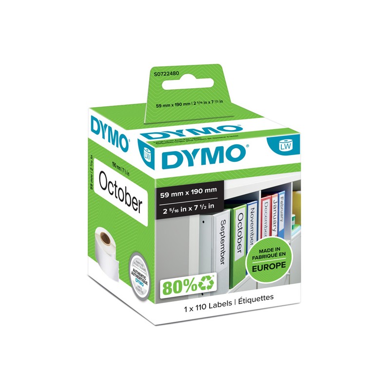 Dymo papírové štítky 190mm x 59mm, bílé, na široké pořadače, 110 ks, 99019, S0722480