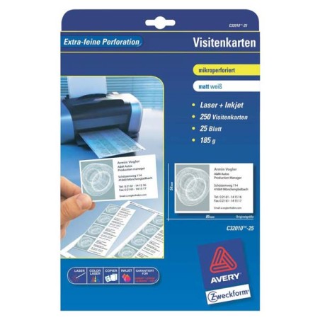 Avery Zweckform vizitky, s hladkým okrajem, 10ks/A4 typ matné, bílé, A4, 185 g/m2, 85x54mm, 25 listů, pro inkoustové a laserové
