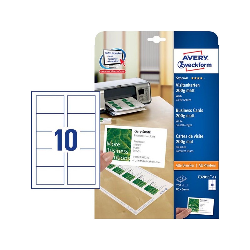 Avery Zweckform vizitky, matné, bílé, A4, 200 g/m2, 85x54mm, 25 listů, pro laserové a inkoustové tiskárny, O