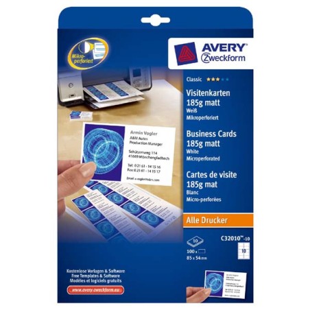 Avery Zweckform vizitky, s hladkým okrajem, 10ks/A4 typ matné, bílé, A4, 185 g/m2, 85x54mm, 10 listů, pro inkoustové a laserové