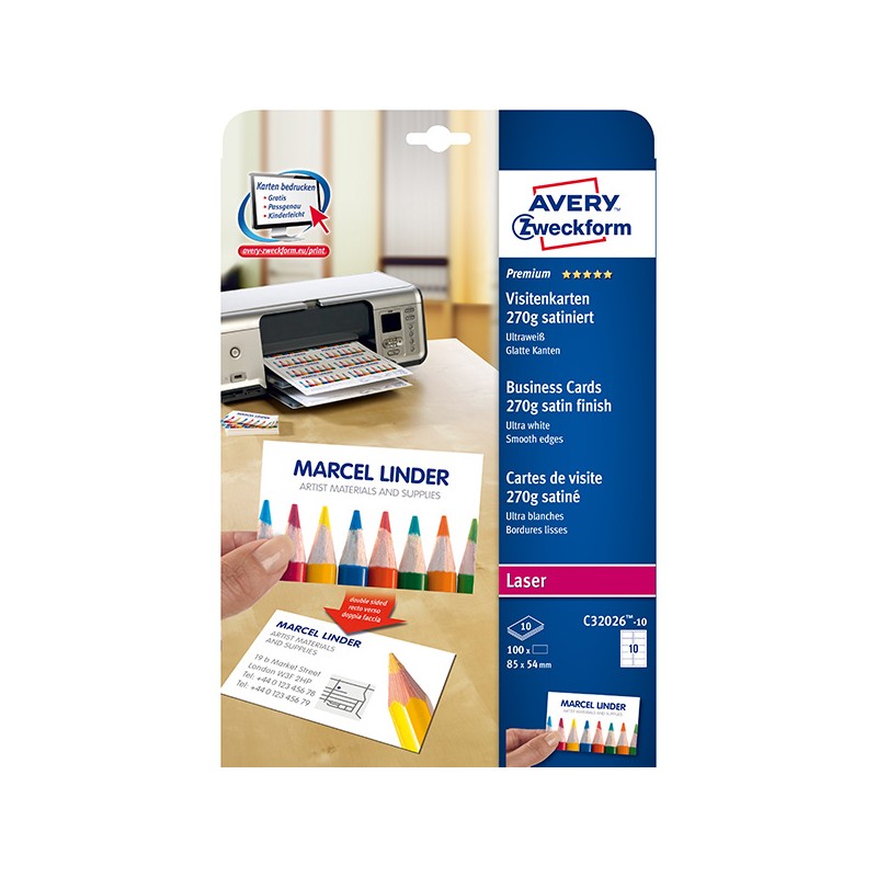 Avery Zweckform vizitky, s hladkým okrajem, 10ks/A4 typ matné, bílé, A4, 270 g/m2, 85x54mm, 10 listů, pro inkoustové a laserové