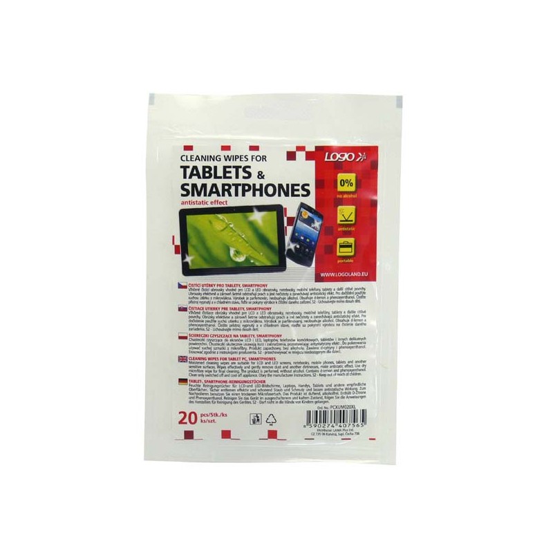 Čisticí ubrousky, na tablet, smartphone, uzavíratelný plastový sáček, 20 ks, Logo