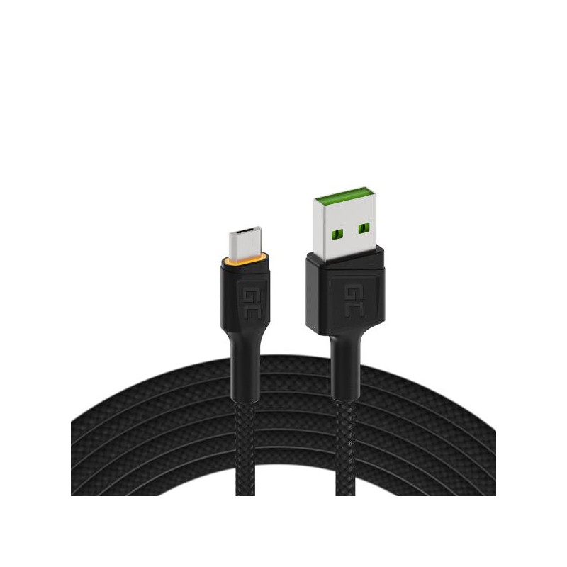 Kabel Green Cell GC Ray USB - kabel Micro USB 200 cm s oranžovým LED podsvícením, rychlé nabíjení Ultra Charge, QC 3.0
