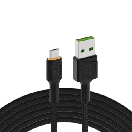 Kabel Green Cell GC Ray USB - kabel Micro USB 200 cm s oranžovým LED podsvícením, rychlé nabíjení Ultra Charge, QC 3.0