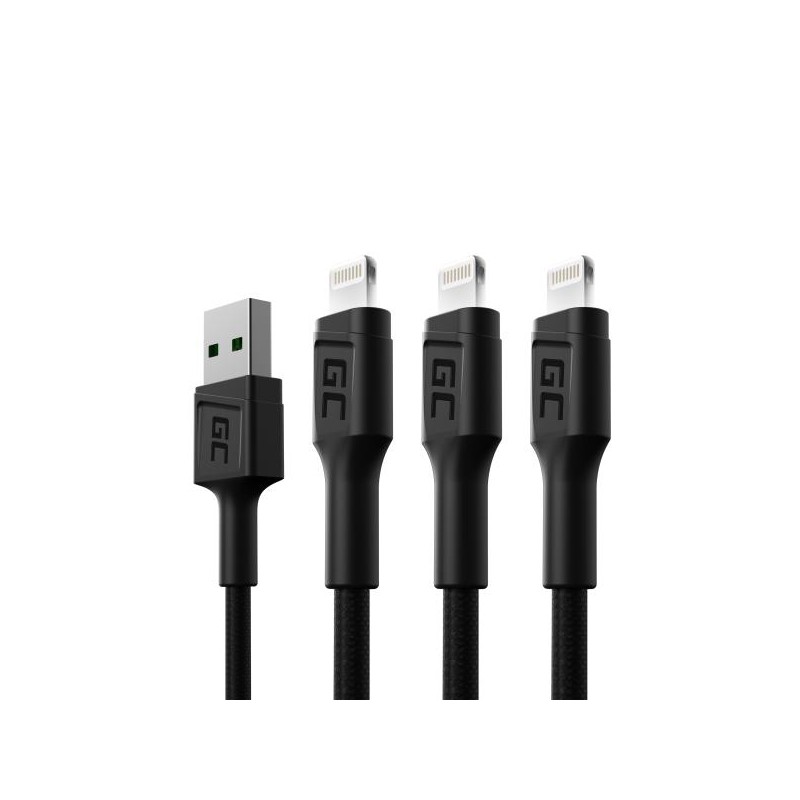 Sada tří kabelů Green Cell GC Ray USB - Lightning 120 cm pro iPhone, iPad, iPod, bílé LED podsvícení, rychlé nabíjení
