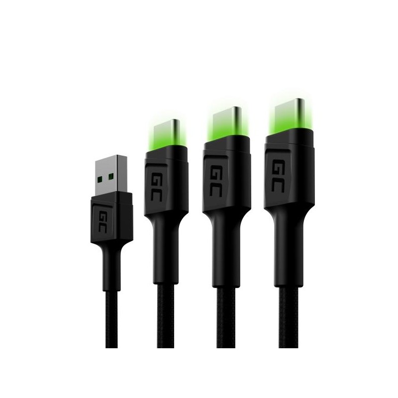 Sada 3x GC Ray USB-C kabel (200cm) s rychlým nabíjením a zeleným LED světlem