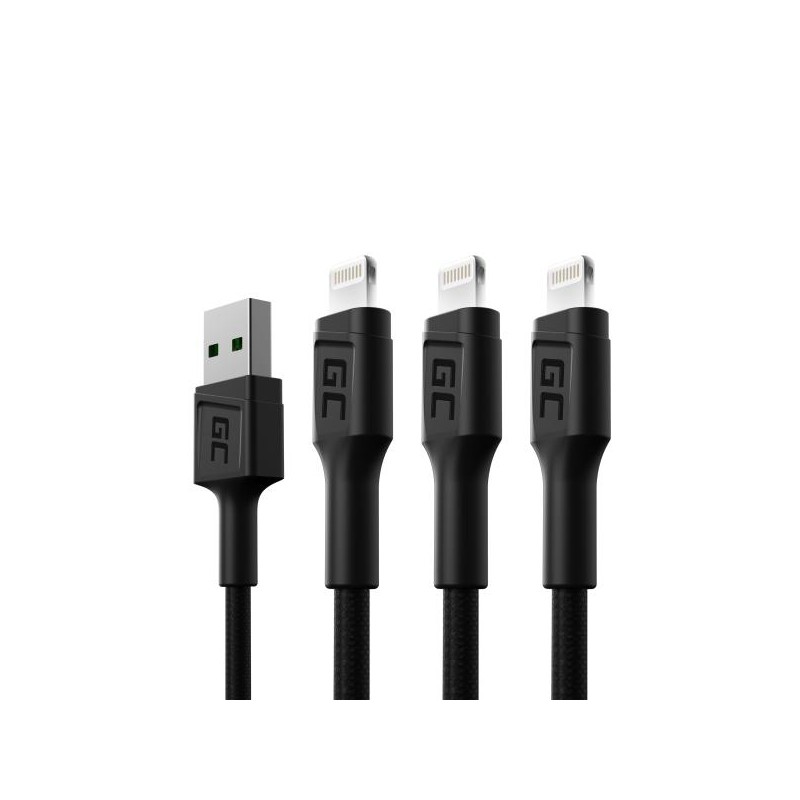 Sada tří kabelů Green Cell GC Ray USB - Lightning 200 cm, bílé LED podsvícení, rychlé nabíjení Apple 2.4A