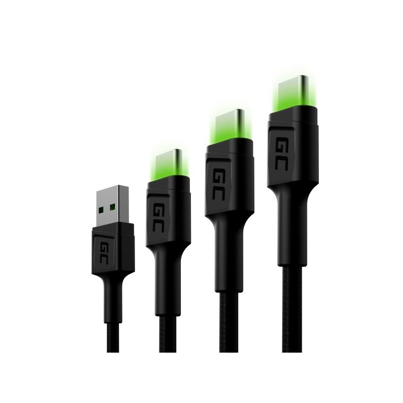 Sada 3x GC Ray USB-C kabel (30cm, 120cm, 200cm) s rychlým nabíjením a zeleným LED světlem
