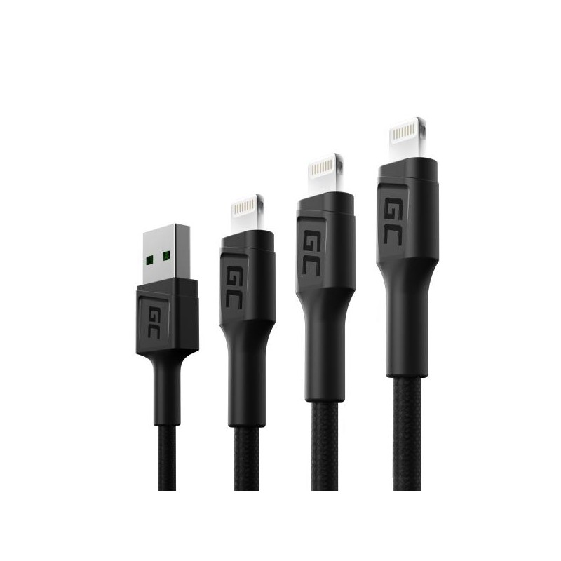 Sada tří kabelů Green Cell GC Ray USB - Lightning 30 cm, 120 cm, 200 cm pro iPhone, iPad, iPod, bílé LED podsvícení, rychlé