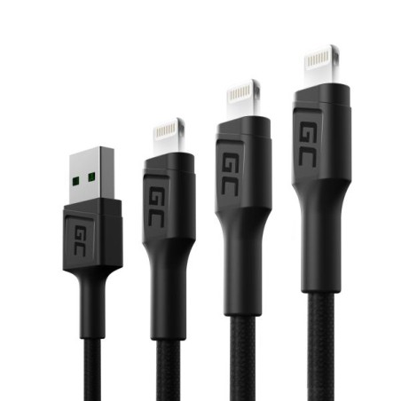 Sada tří kabelů Green Cell GC Ray USB - Lightning 30 cm, 120 cm, 200 cm pro iPhone, iPad, iPod, bílé LED podsvícení, rychlé