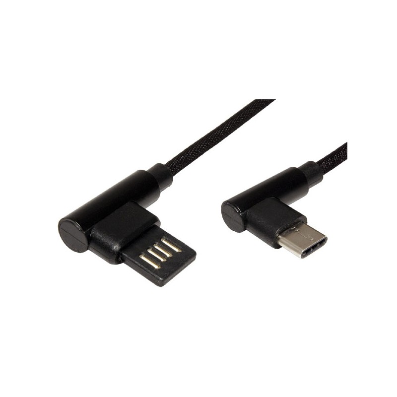 USB kabel (2.0), USB A samec - USB C samec, 3m, kulatý, černý, plastic bag, lomené konektory 90&deg