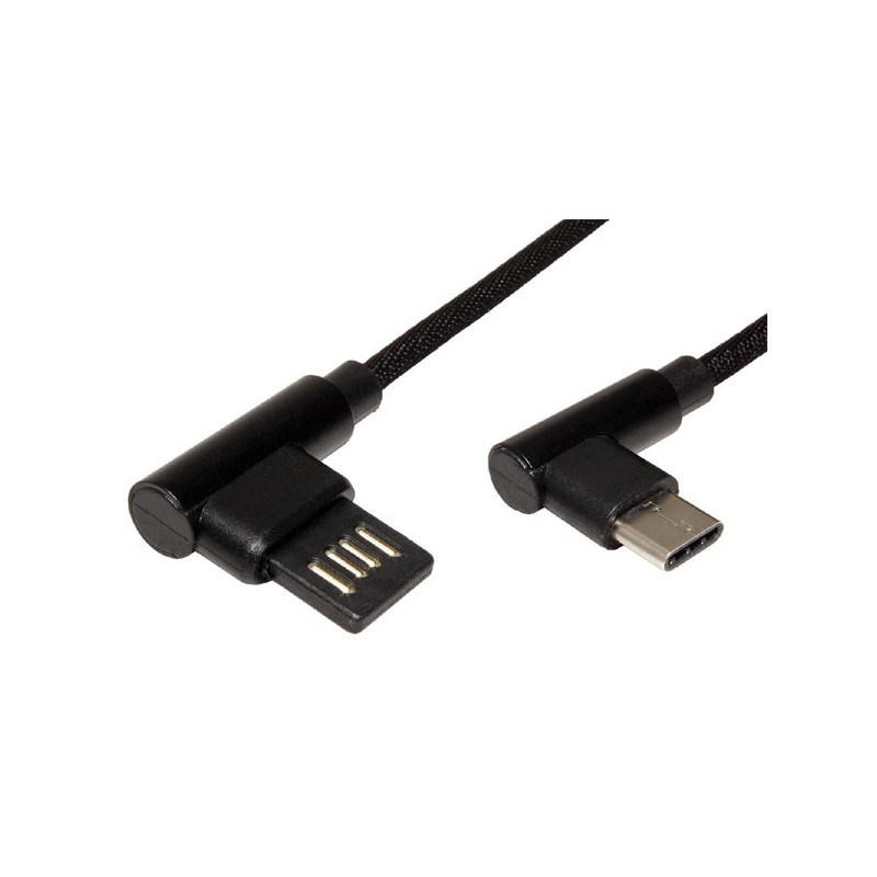 USB kabel (2.0), USB A samec - USB C samec, 0.8m, kulatý, černý, plastic bag, lomené konektory 90&deg