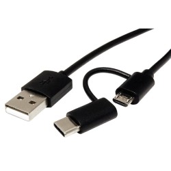 USB kabel (2.0), USB A samec - microUSB samec + USB C samec, 1m, kulatý, černý, plastic bag, s redukcí na USB C, DOPRODEJ