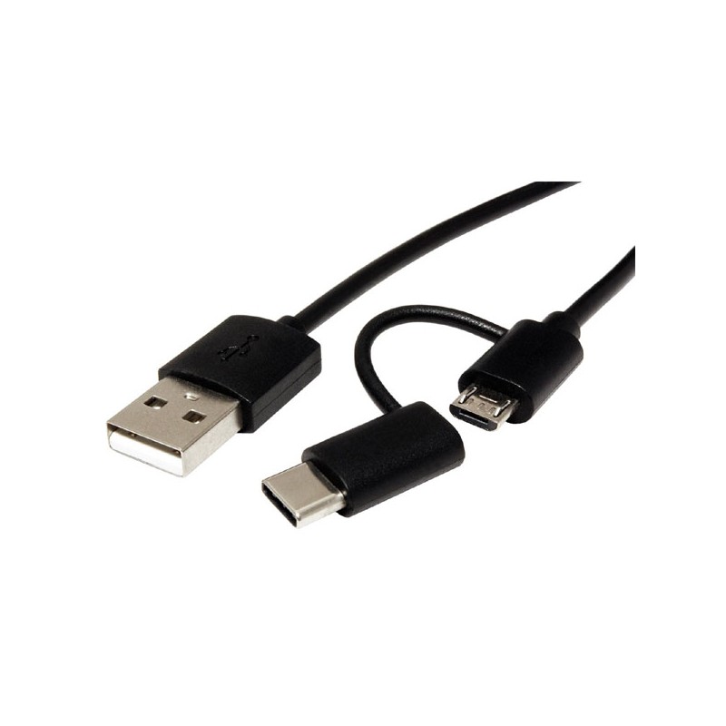 USB kabel (2.0), USB A samec - microUSB samec + USB C samec, 1m, kulatý, černý, plastic bag, s redukcí na USB C, DOPRODEJ