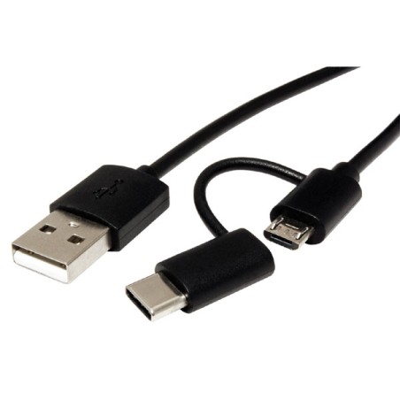 USB kabel (2.0), USB A samec - microUSB samec + USB C samec, 1m, kulatý, černý, plastic bag, s redukcí na USB C, DOPRODEJ