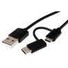 USB kabel (2.0), USB A samec - microUSB samec + USB C samec, 1m, kulatý, černý, plastic bag, s redukcí na USB C, DOPRODEJ