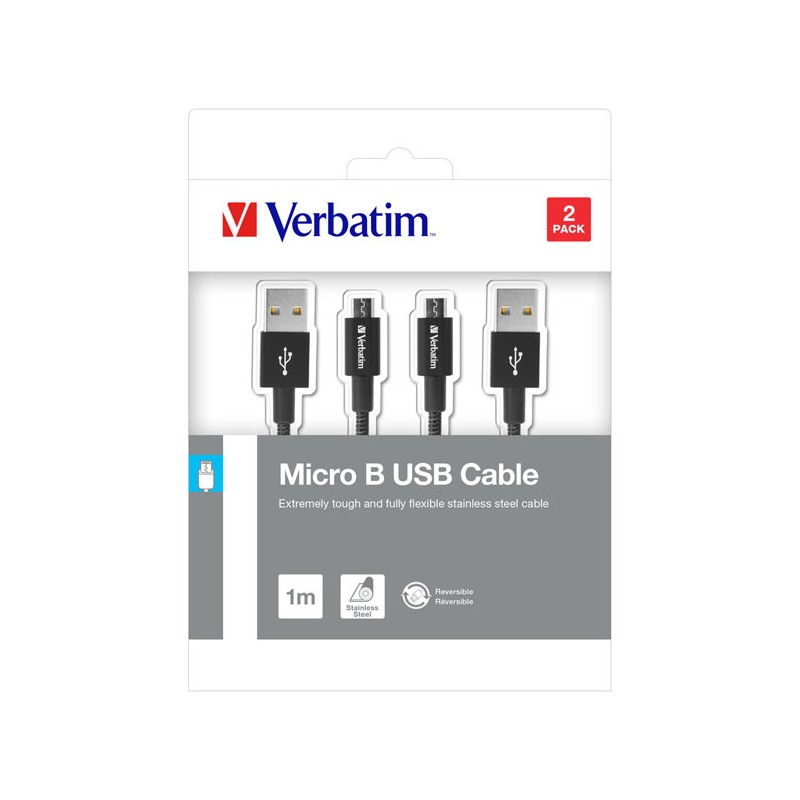 Verbatim USB kabel (2.0), USB A samec - microUSB samec, 1m, reversible, černý, box, 48874, 2 kusy v balení: 2x 100 cm