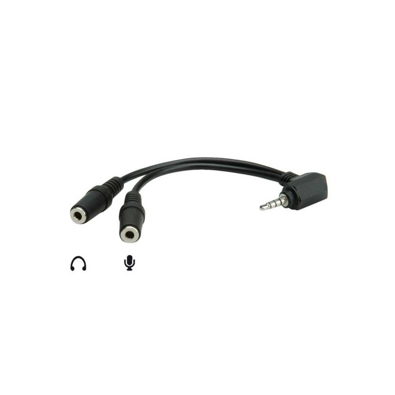 Audio redukce, Jack (3.5mm) samec 4-pólový - 2x Jack (3.5mm) samice, 90&deg , 0.2 m, stereo, černá, DOPRODEJ