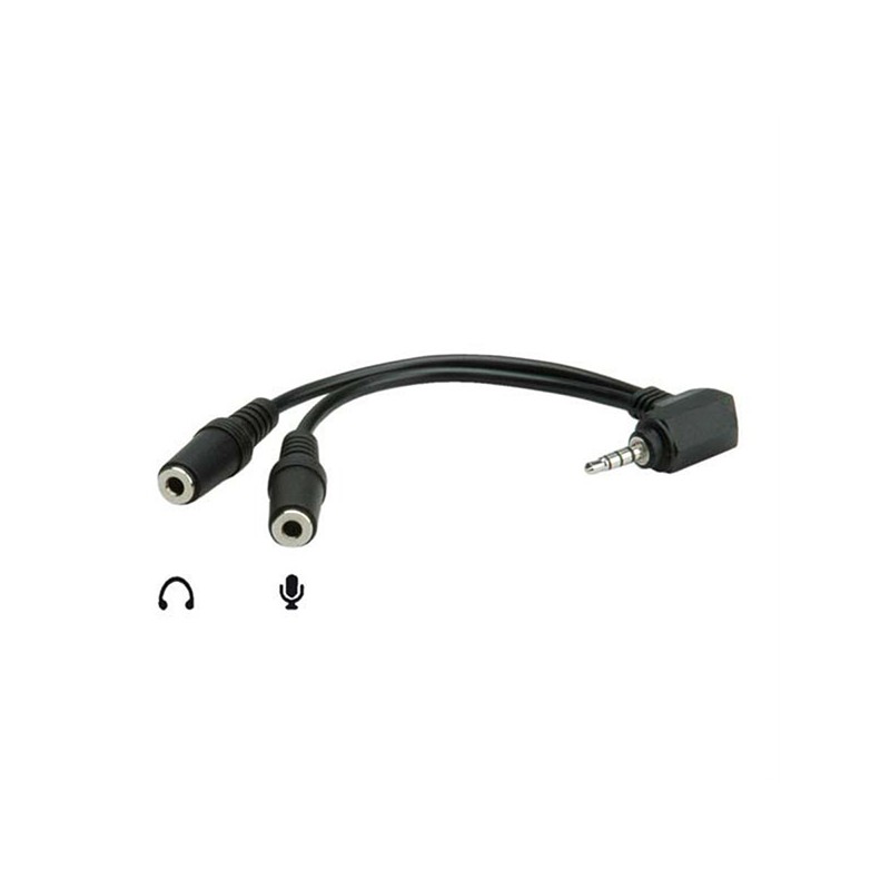Audio redukce, Jack (3.5mm) samec 4-pólový - 2x Jack (3.5mm) samice, 90&deg , 0.2 m, stereo, černá, Logo blistr, DOPRODEJ