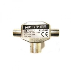 Anténní rozbočovač, pro 2 TV, Coax (9.5mm) samice - 2x Coax (9.5mm) samec, stříbrná, kovový