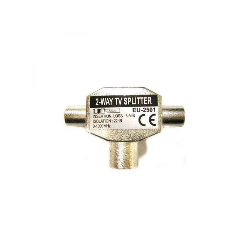 Anténní rozbočovač, pro 2 TV, Coax (9.5mm) samice - 2x Coax (9.5mm) samec, stříbrná, kovový