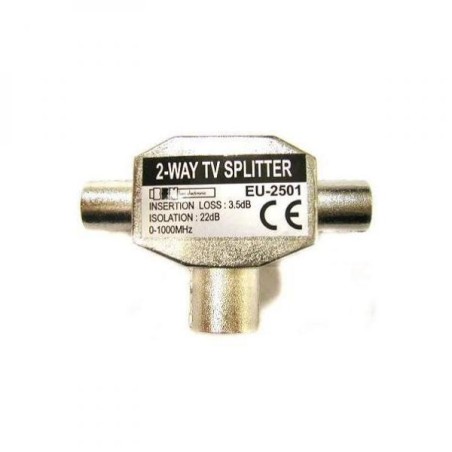 Anténní rozbočovač, pro 2 TV, Coax (9.5mm) samice - 2x Coax (9.5mm) samec, stříbrná, kovový