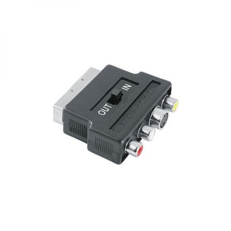 Video adaptér, SCART samec - 3x CINCH samice + S-Video samice, přepínač IN/OUT, černá, Logo
