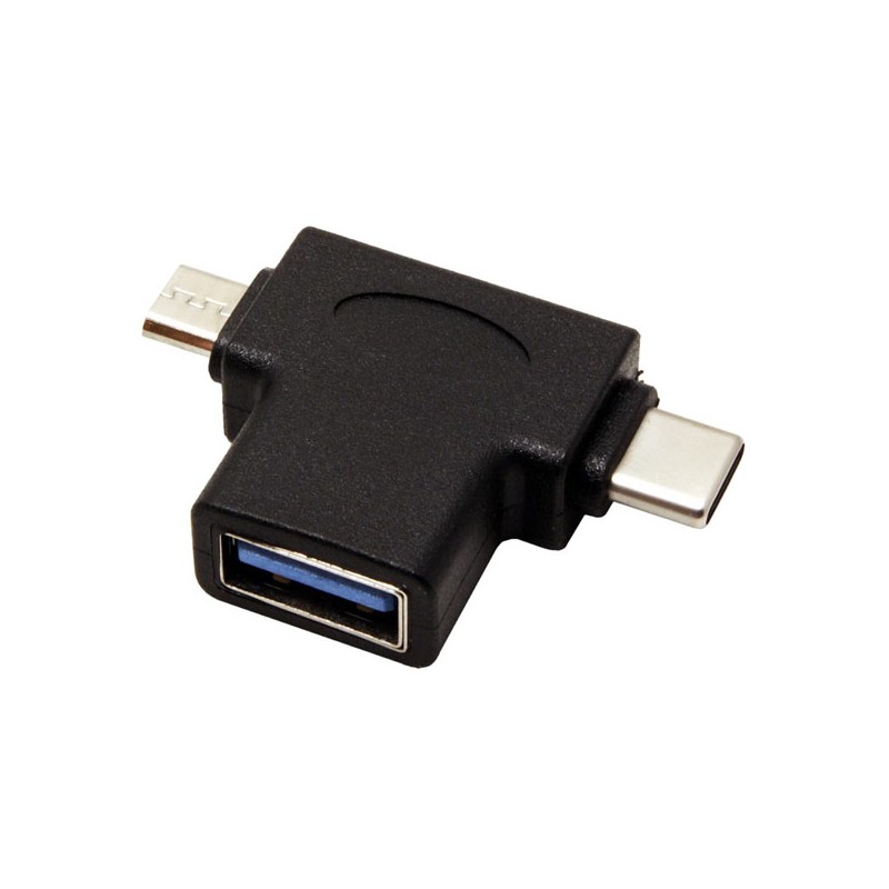 USB redukce, (2.0), USB A samice - microUSB samec + USB C samec, černá, plastic bag OTG