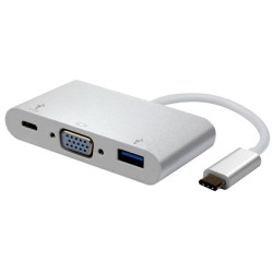 USB/Video převodník + HUB, DP Alt Mode, USB C samec - VGA (D-sub) samice + USB C samice (PD) + USB A sam, stříbrný, plastic bag