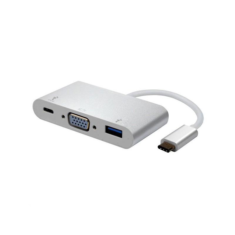 USB/Video převodník + HUB, DP Alt Mode, USB C samec - VGA (D-sub) samice + USB C samice (PD) + USB A sam, stříbrný, plastic bag