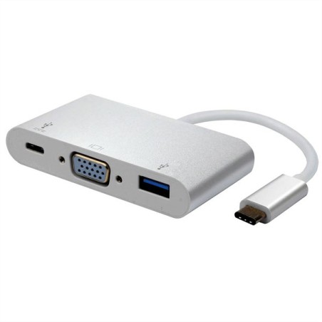 USB/Video převodník + HUB, DP Alt Mode, USB C samec - VGA (D-sub) samice + USB C samice (PD) + USB A sam, stříbrný, plastic bag