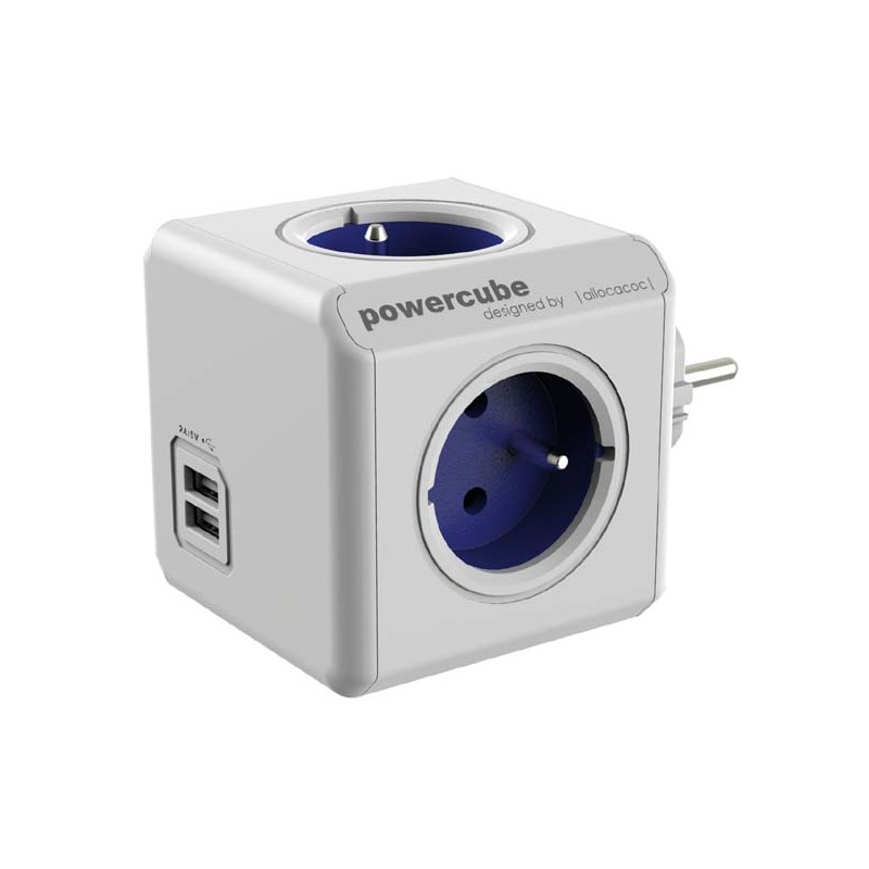 Rozbočovací zásuvka 240V, CEE7 (vidlice) - POWERCUBE, 0.1m, ORIGINAL USB, modrá, POWERCUBE, 4 zásuvky, 2xUSB porty