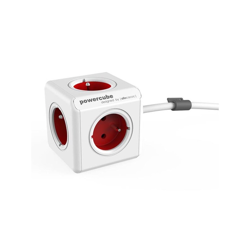 Síťový kabel 230V prodlužovací, CEE7 (vidlice) - POWERCUBE, 3m, EXTENDED, červený, POWERCUBE, 5 zásuvek, dětské pojistky