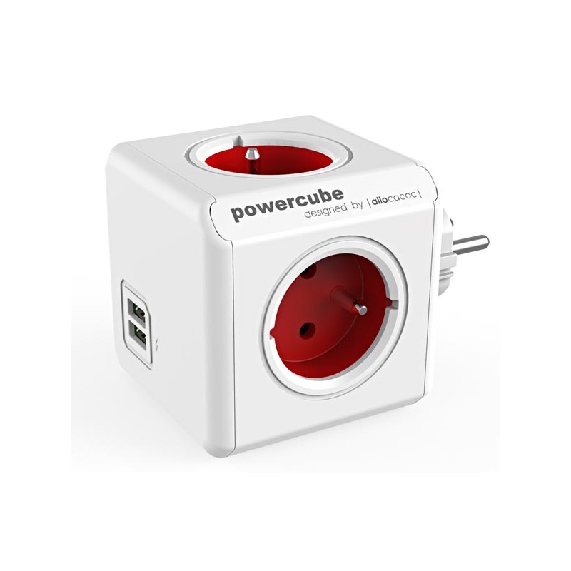 Rozbočovací zásuvka 240V, CEE7 (vidlice) - POWERCUBE, 0.1m, ORIGINAL USB, červená, POWERCUBE, 4 zásuvky, 2xUSB porty