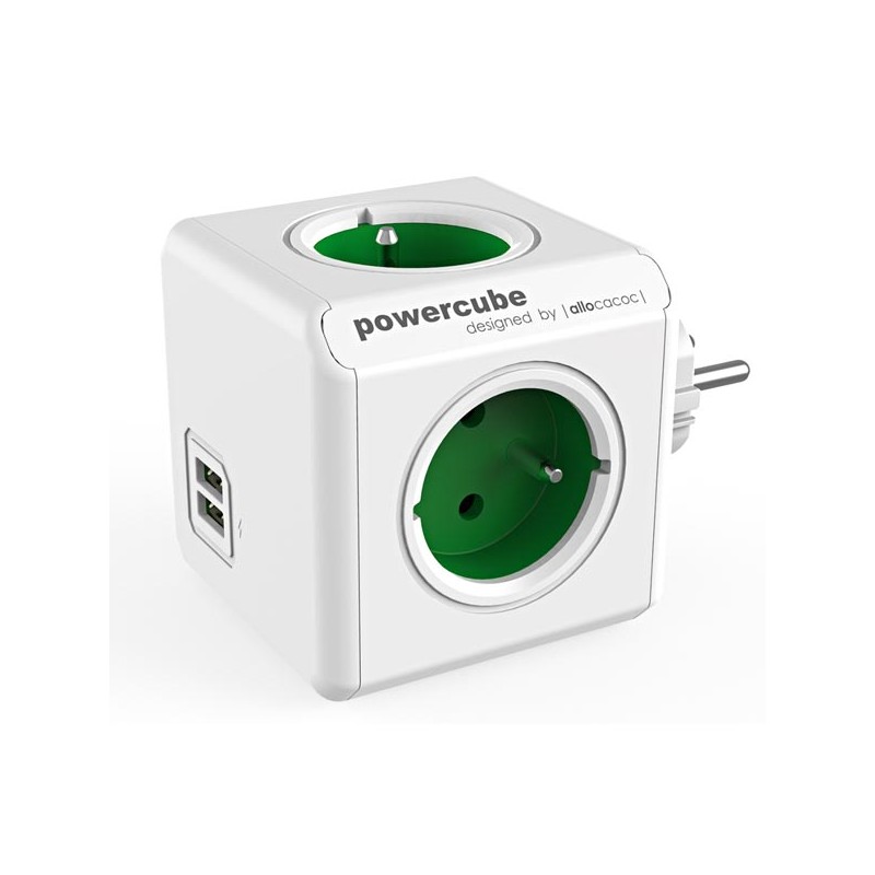 Rozbočovací zásuvka 240V, CEE7 (vidlice) - POWERCUBE, 0.1m, ORIGINAL USB, zelená, POWERCUBE, 4 zásuvky, 2xUSB porty