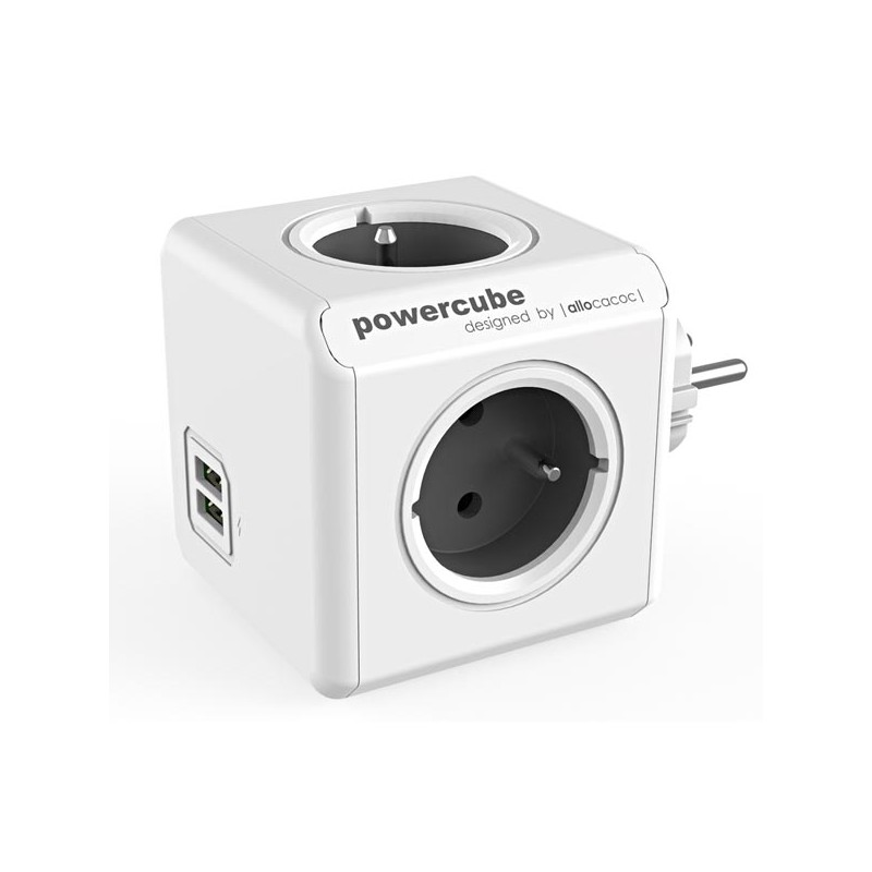 Rozbočovací zásuvka 240V, CEE7 (vidlice) - POWERCUBE, 0.1m, ORIGINAL USB, šedá, POWERCUBE, 4 zásuvky, 2xUSB porty