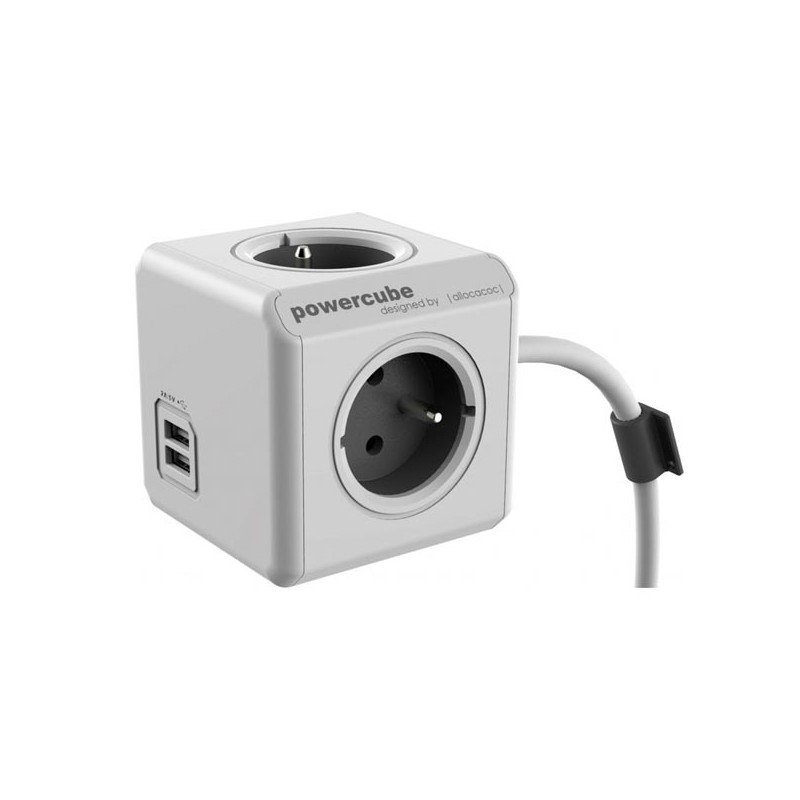 Síťový kabel 230V prodlužovací, CEE7 (vidlice) - POWERCUBE, 3m, EXTENDED USB, šedý, POWERCUBE, 4 zásuvky, dětské pojistky