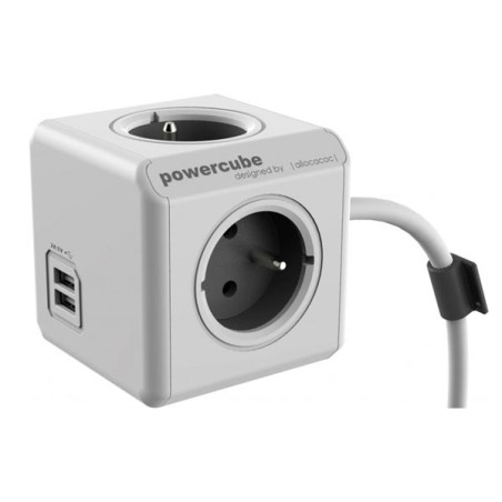 Síťový kabel 230V prodlužovací, CEE7 (vidlice) - POWERCUBE, 3m, EXTENDED USB, šedý, POWERCUBE, 4 zásuvky, dětské pojistky