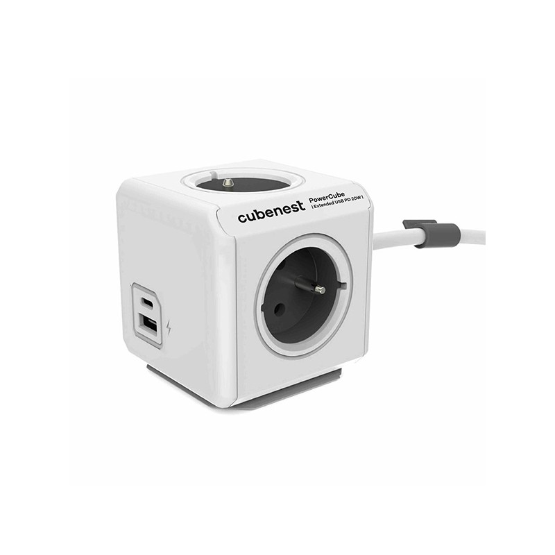 Cubenest - PowerCube, 3m, Extended USB, šedá, POWERCUBE, 4 zásuvky, USB A+C, PD 20W
