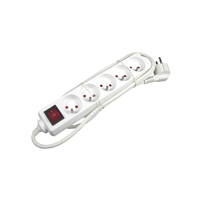 Síťový kabel 230V prodlužovací, CEE7 (vidlice) - zásuvka 5x, 5m, VDE approved, bílý, s vypínačem, DOPRODEJ