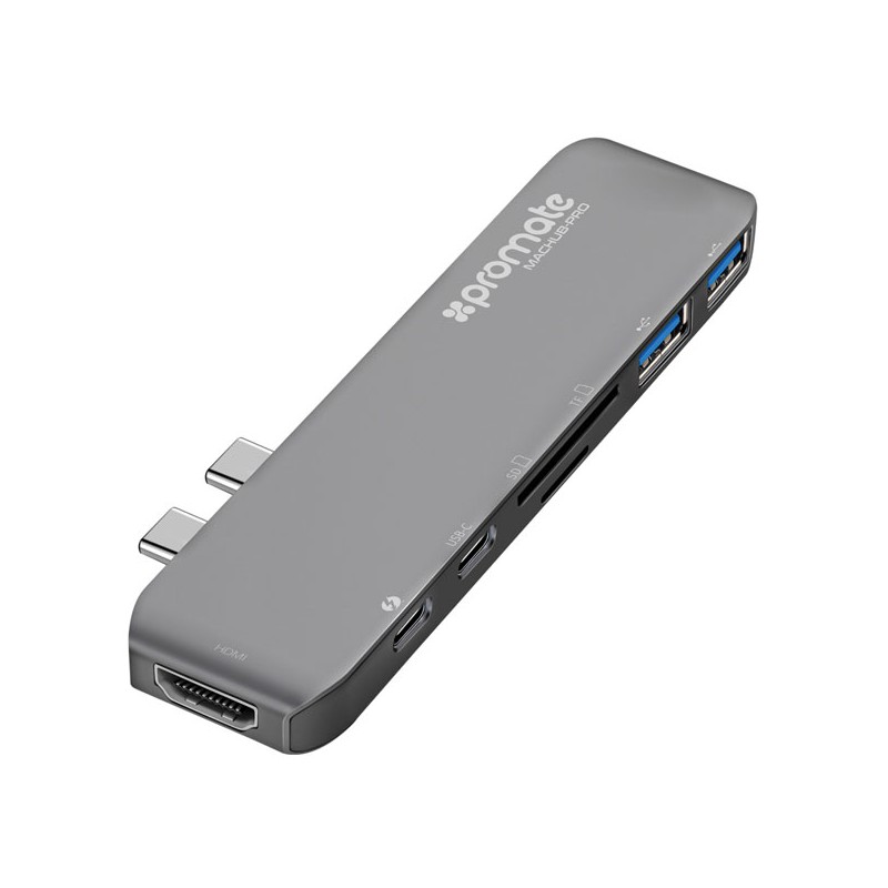 USB (3.1), USB typ C hub 7-port, MacHub-Pro, šedý, Promate, USB 3.1, USB 3.0, Thunderbolt 3,TF, SD, HDMI, DOPRODEJ