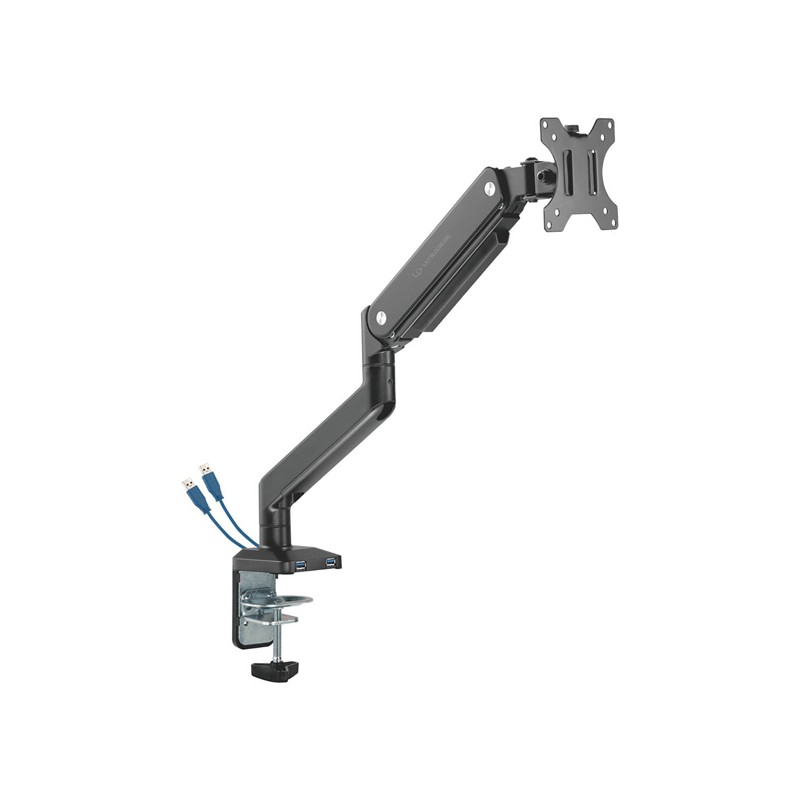 ULTRADESK BRANCH Single Polohovatelný držák pro monitor, černý, 10KG, svorka a průchodka stolu, 17"-32", 75x75/100x100