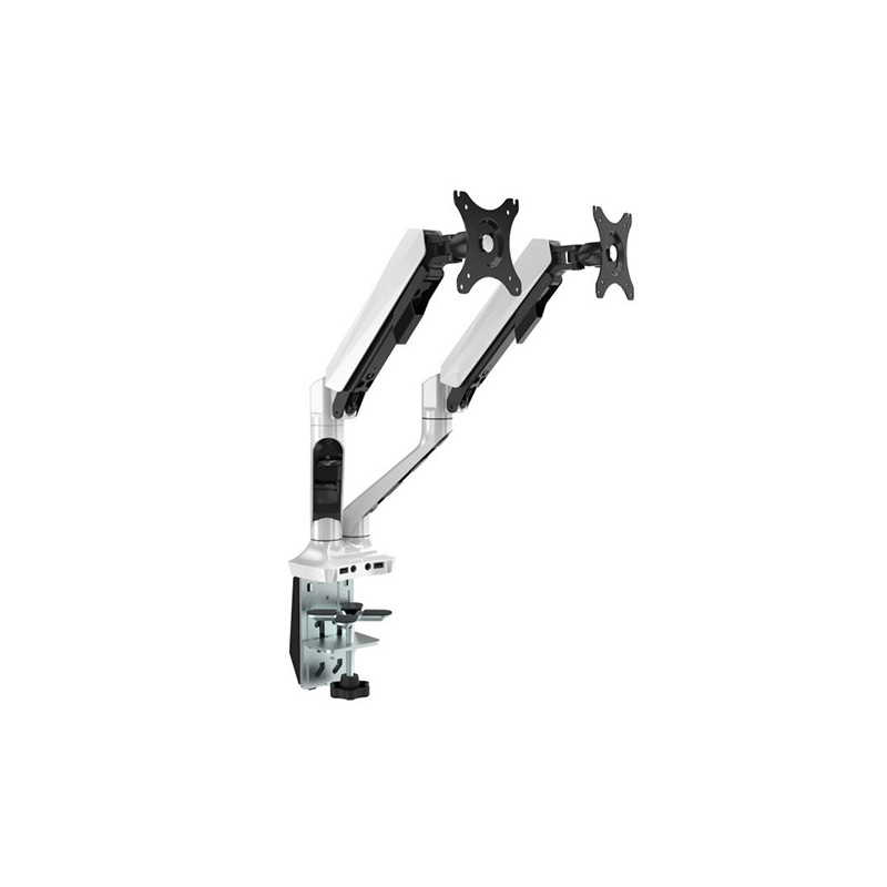 Polohovatelný držák pro 2 monitory, šedý, 2-9KG, svorka a průchodka stolu, 17"-30", USB HUB + Jack, 75x75/100x100