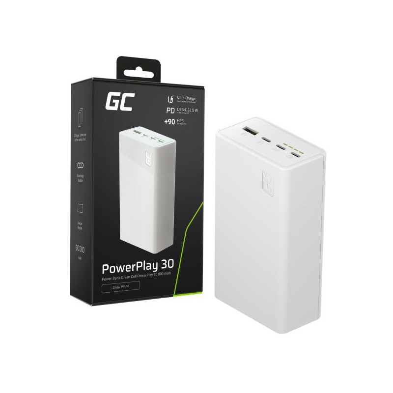 Greencell PowerPlay 30 - bílá bank s a capacity of 30, 000mAh, 22.5W, 4 ports