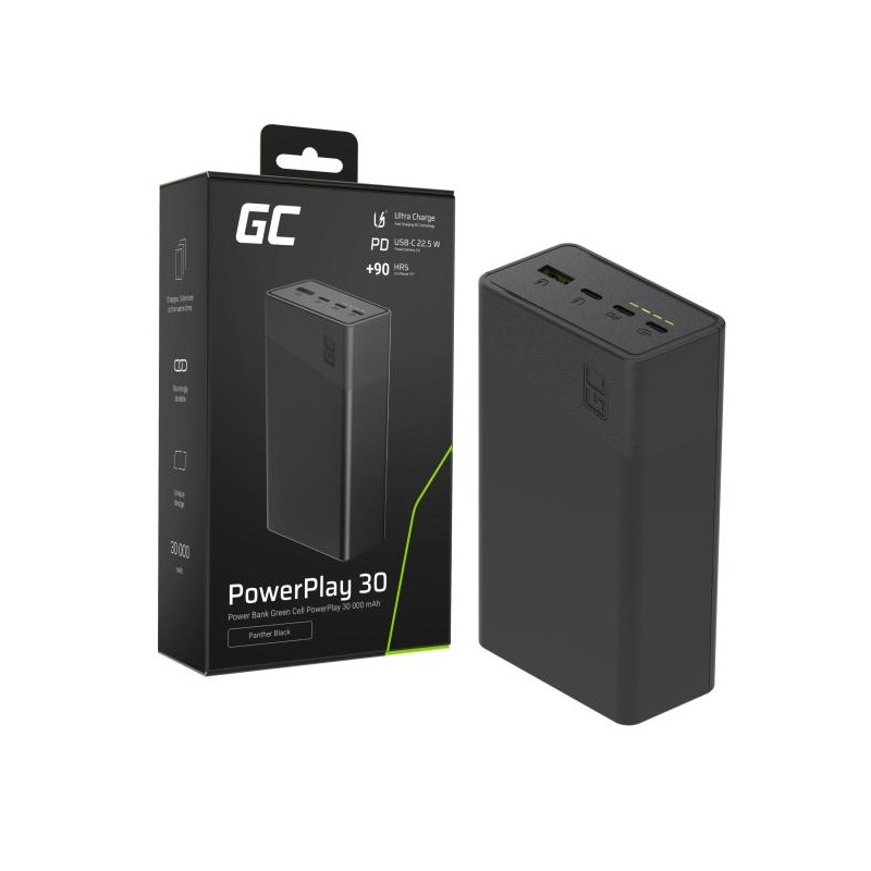 Greencell PowerPlay 30 - černá barva powerbanka s 30, 000mAh, 22.5W, 4 ports